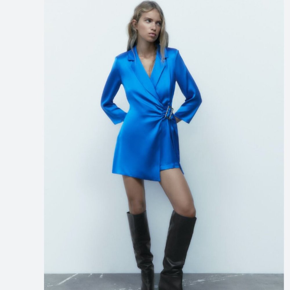 NWT ZARA CROSSOVER SATIN BLAZER-STYLE PLAYSUIT BLUE BLOGGERS FAV